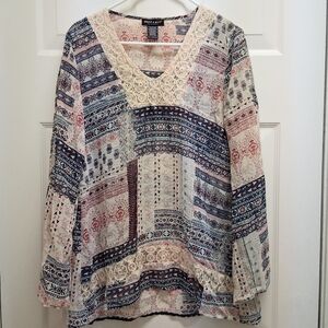 Boho Peasant Top Size Large Patchwork  Crochet Trim Bell Sleeve
